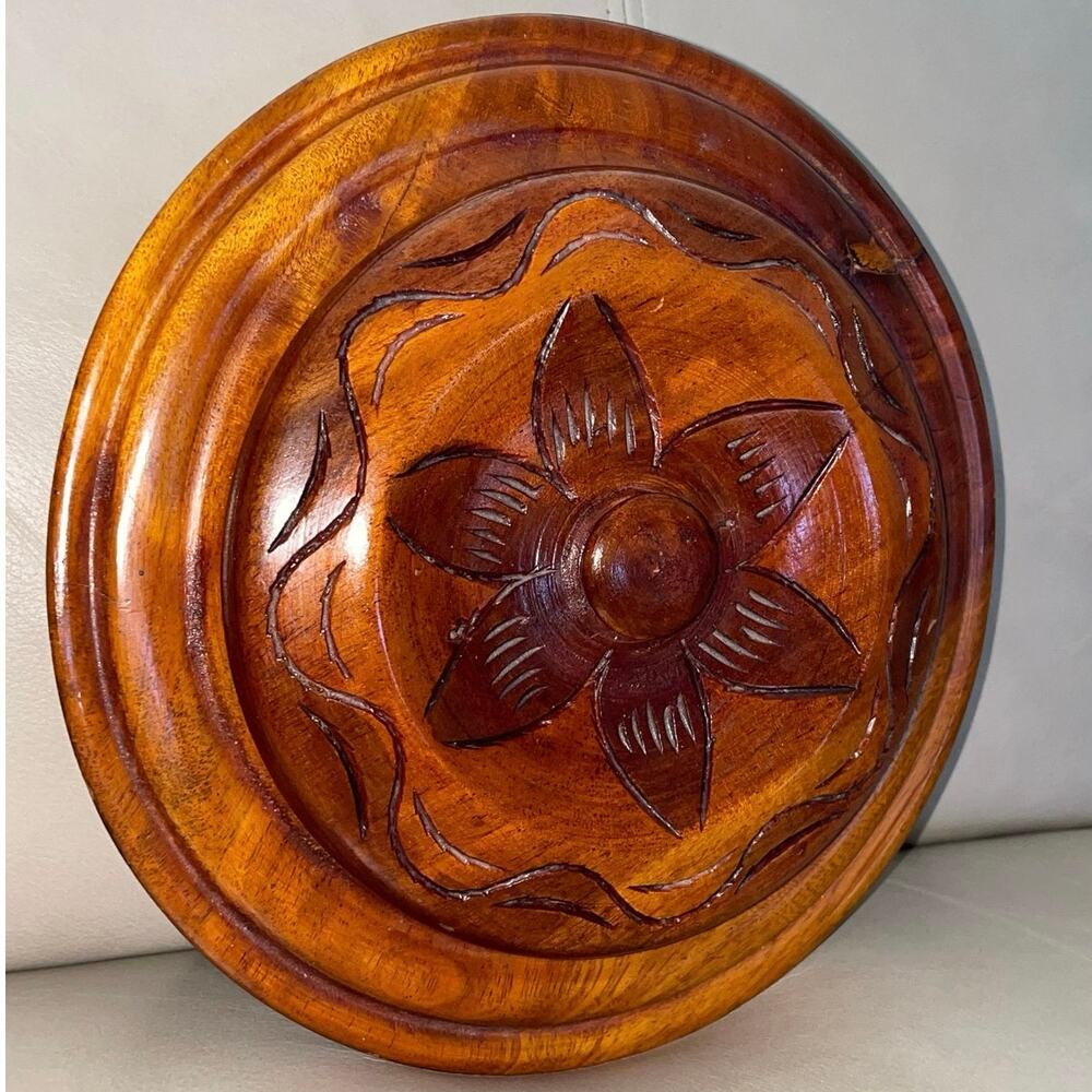 Vintage Hand-Carved Floral Wood Bowl w/ Lid 8.5" Boho Trinket/Nut Candy Dish MCM